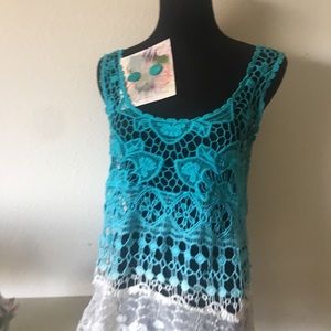 Crochet turquoise top bordered in creme lace